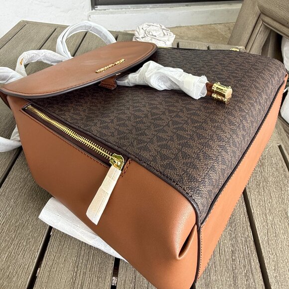 Michael Kors Phoebe Medium FLAP Drawstring Brown MK Travel School Backpack - Picture 13 of 16